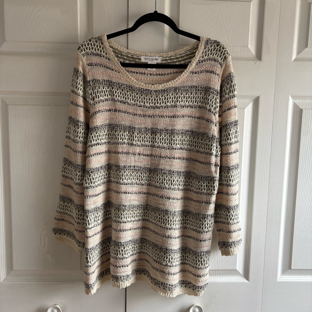 Skye’s The Limit Nude Pink Striped Open Knit Sweater 1X Boho Fairy Crochet Soft